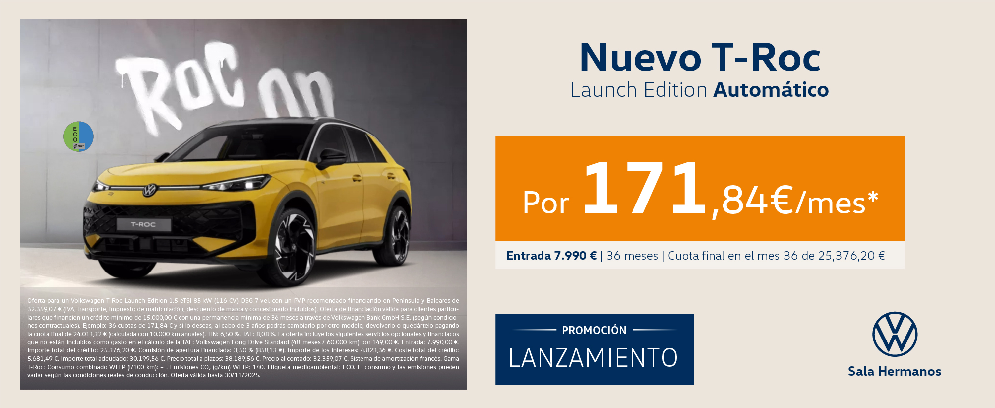 Nuevo T-Roc  2026 Automático por 171,84€/mes*